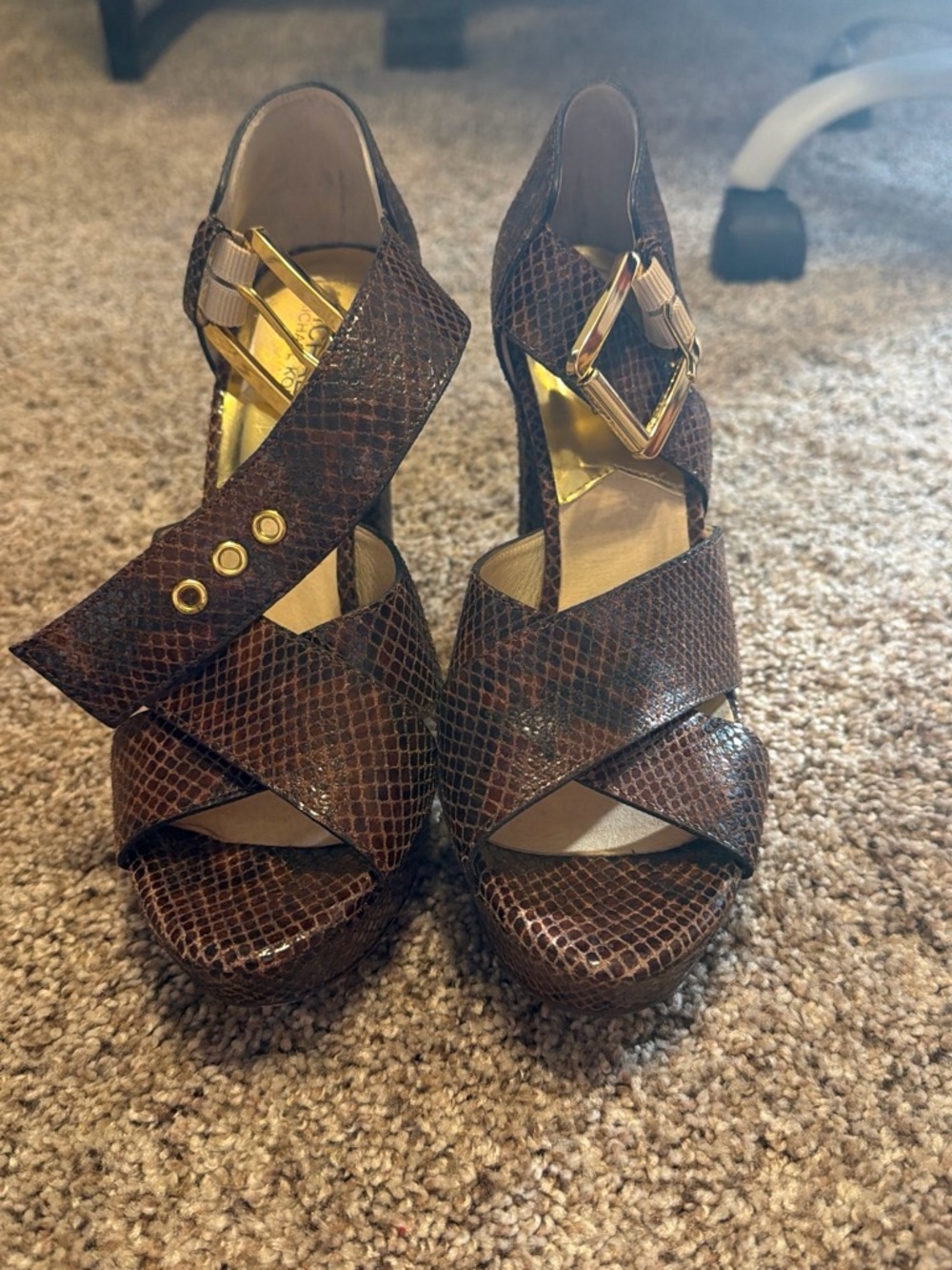 MICHAEL Michael Kors Brown Snakeskin Platform Heels with Gold Buckle